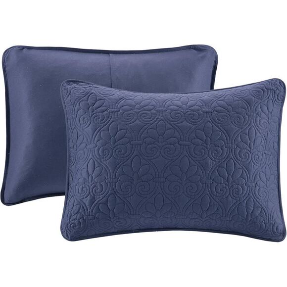 Madison Park Quebec Quilt Set - Luxurious Damask Stitching Design Navy 3 Piece - Picture 4 of 8